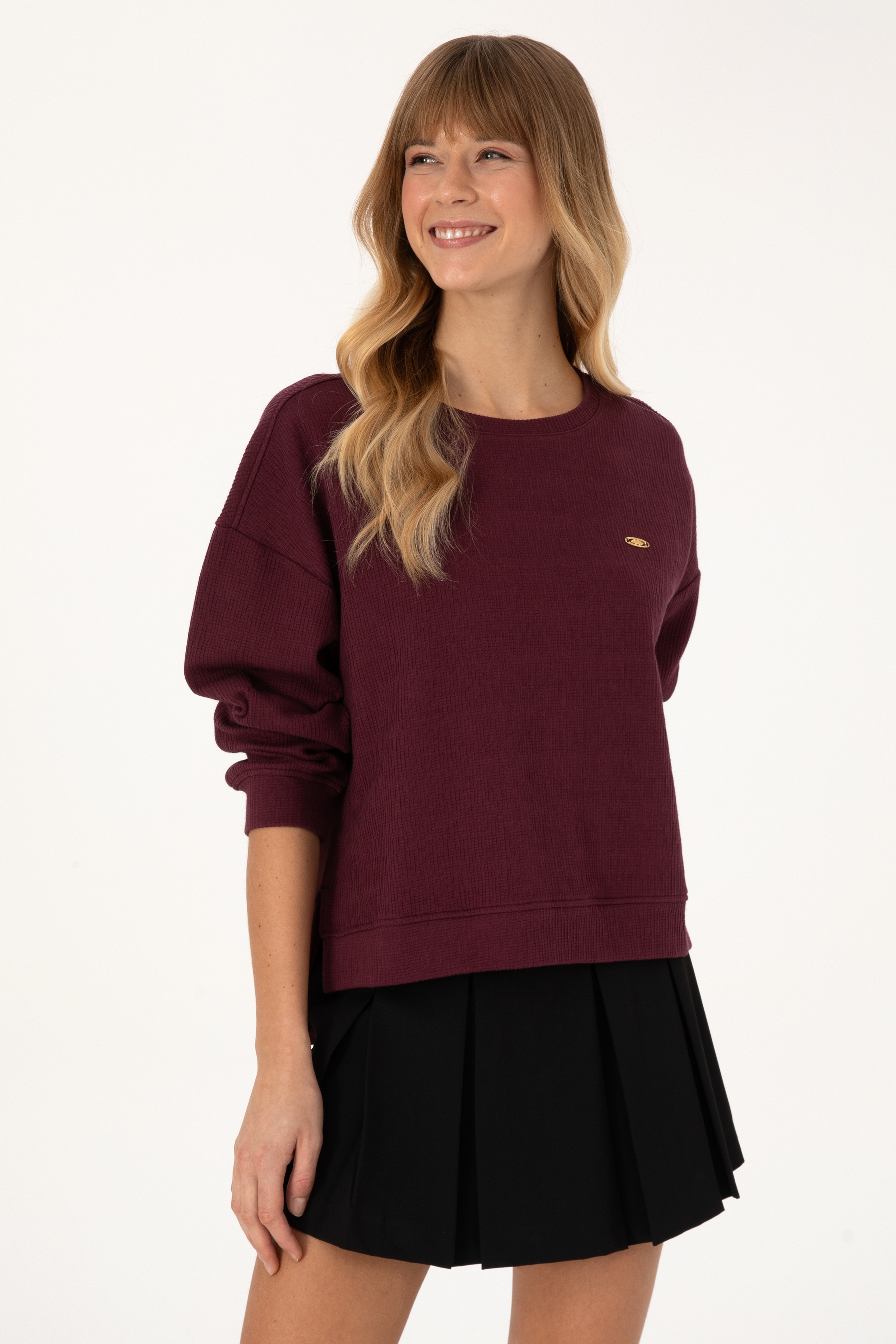 Kadın Bordo Bisiklet Yaka Sweatshirt - Image 1