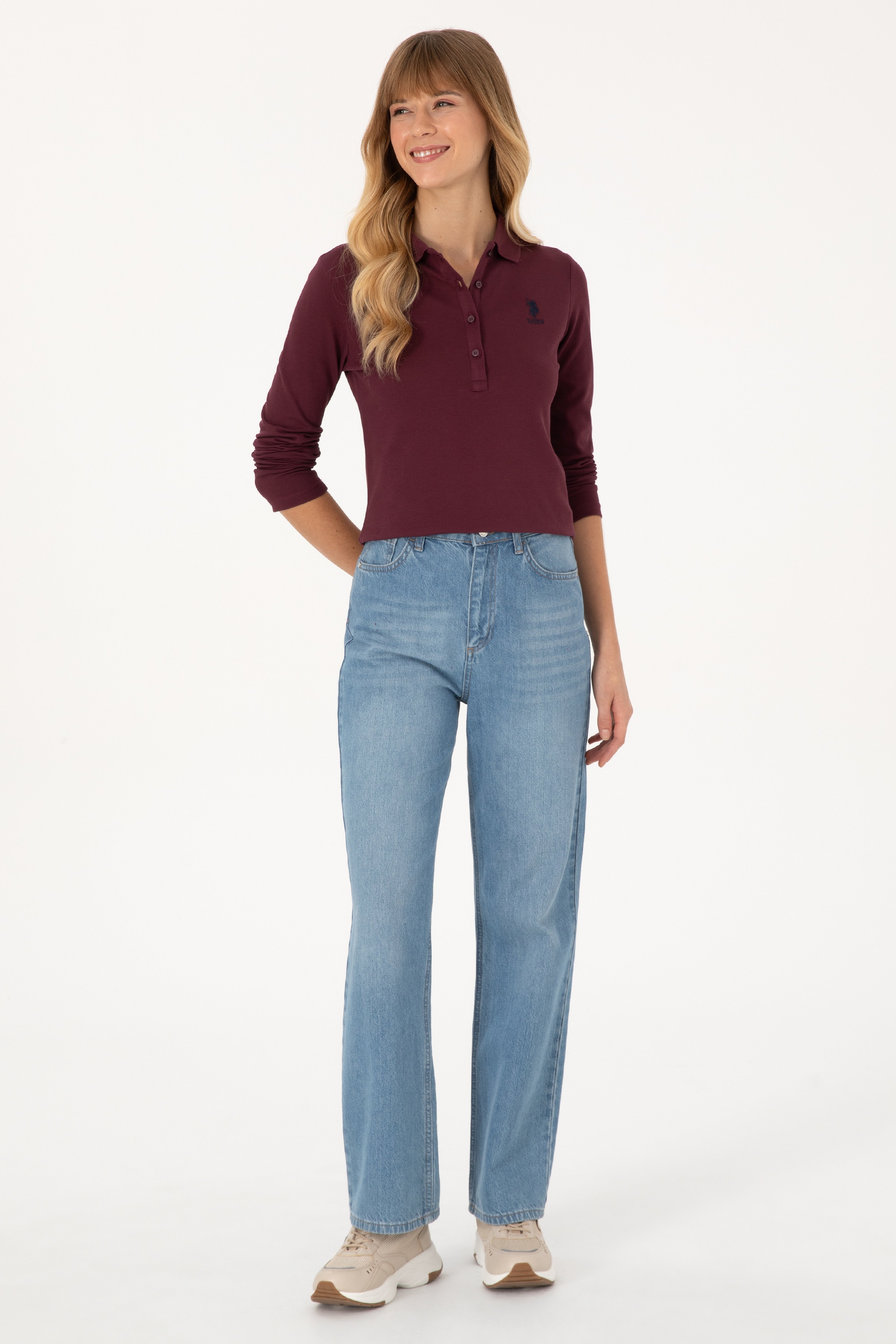 Kadın Bordo Basic Polo Yaka Sweatshirt - Image 4