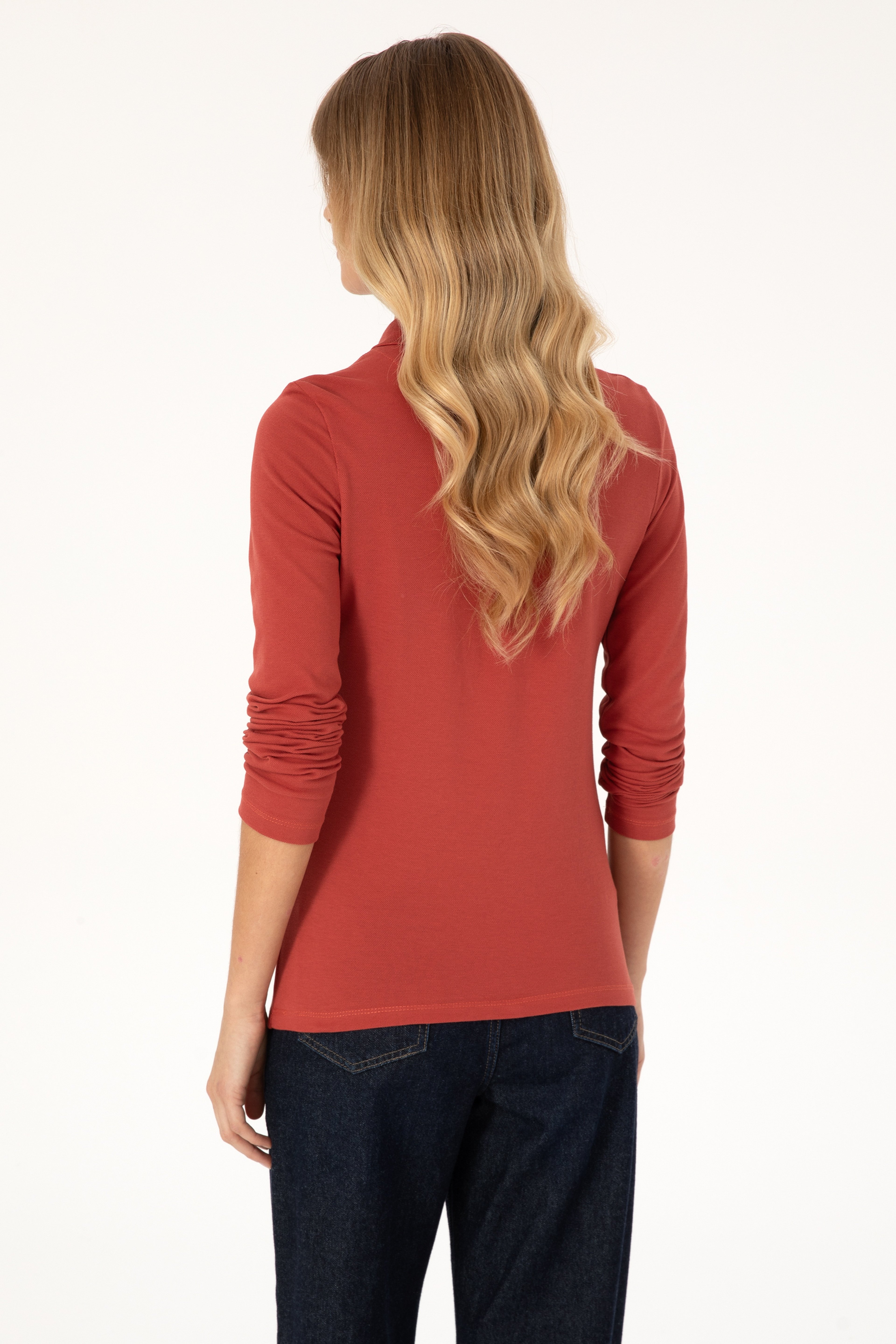 Kadın Kiremit Basic Polo Yaka Sweatshirt - Image 5