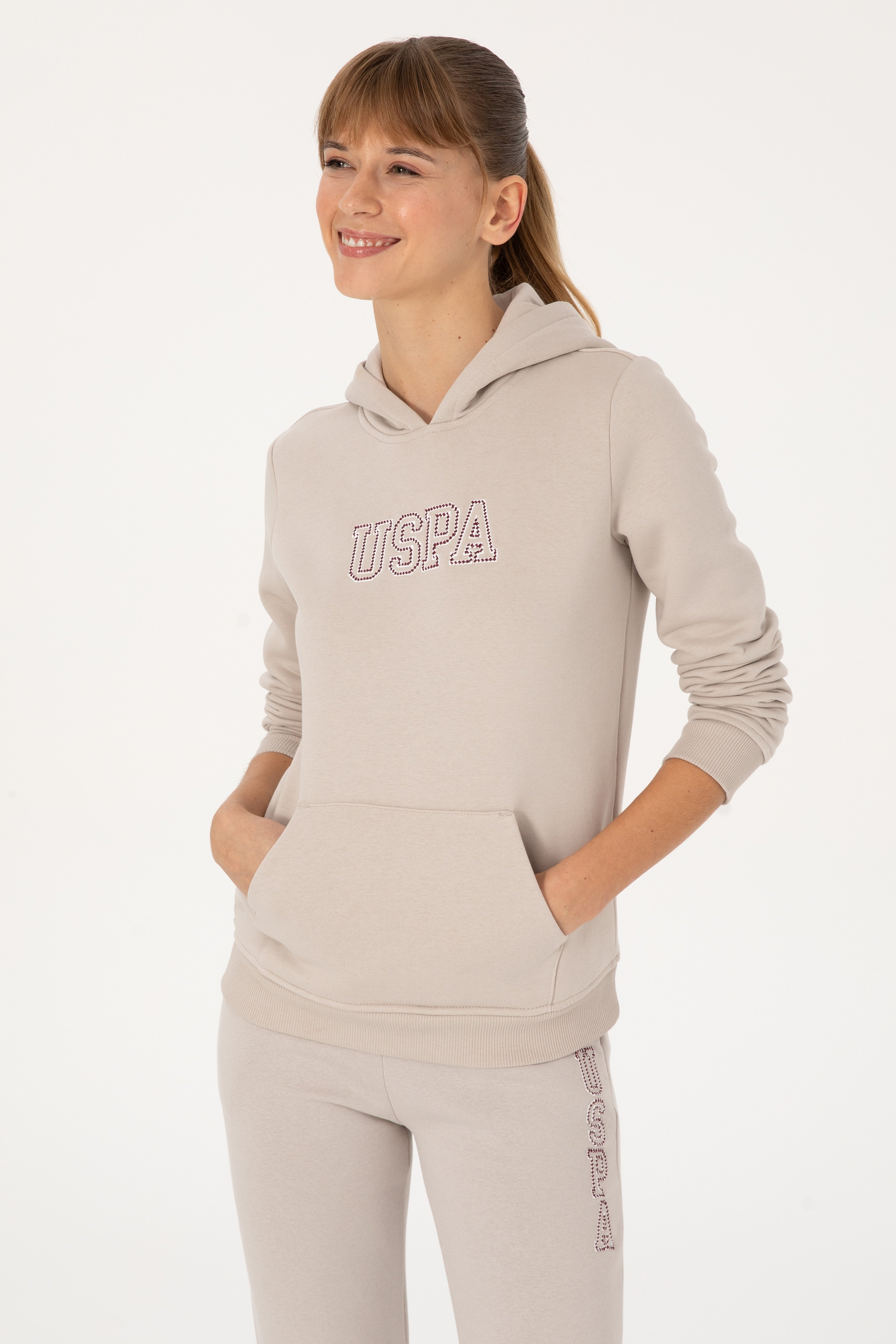 Kadın Taş Şardonlu Kapüşonlu Basic Sweatshirt - Image 3