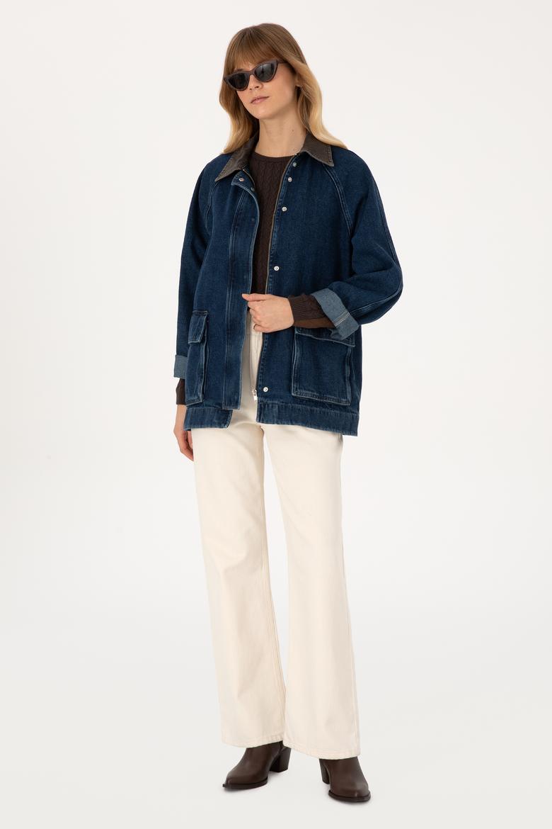 Kadın Koyu Mavi Jean Gömlek Ceket - 50309434020