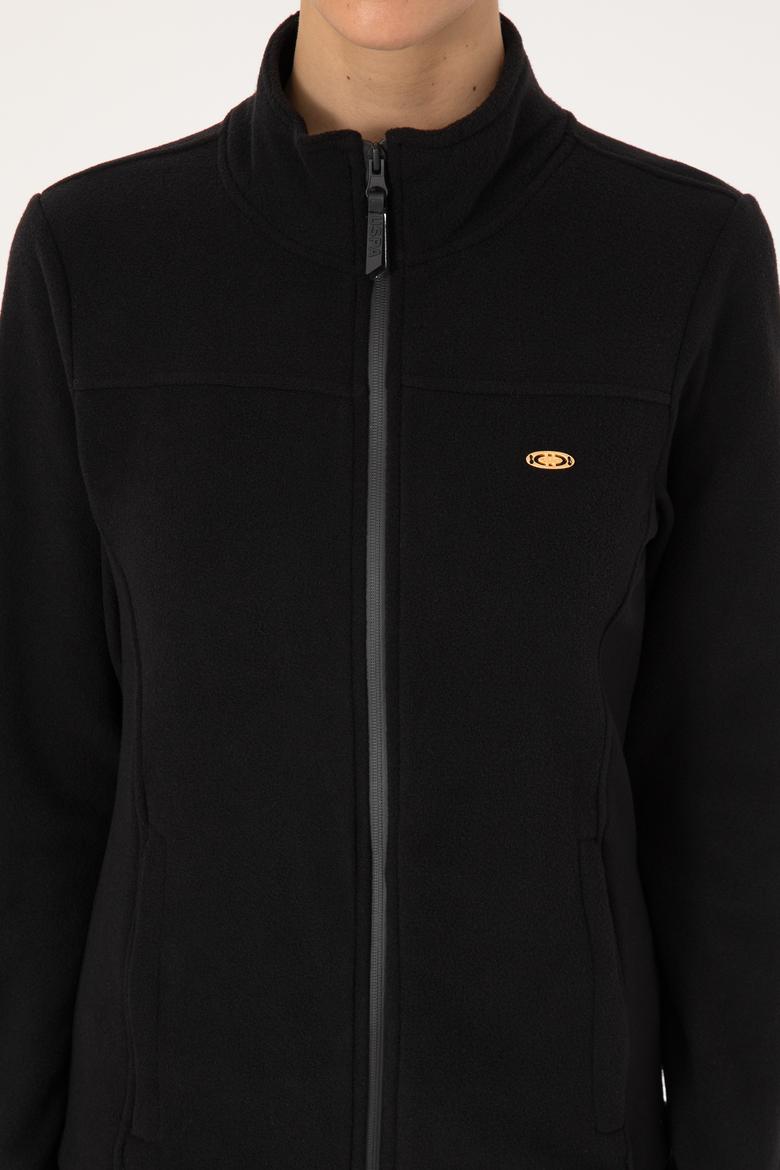 Kadın Siyah Fermuarlı Dik Yaka Polar Sweatshirt - 50316729007