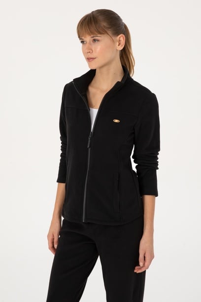 Kadın Siyah Fermuarlı Dik Yaka Polar Sweatshirt