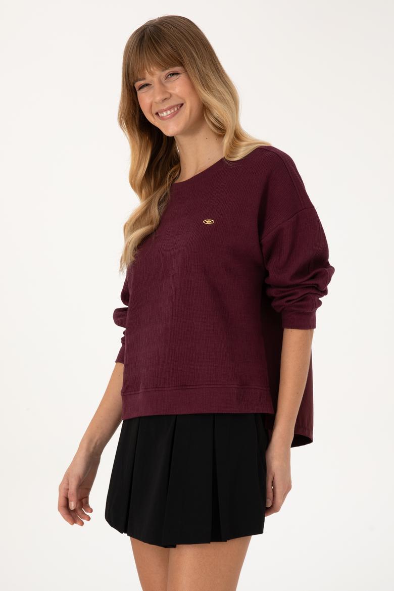 Kadın Bordo Bisiklet Yaka Sweatshirt - 50309454016