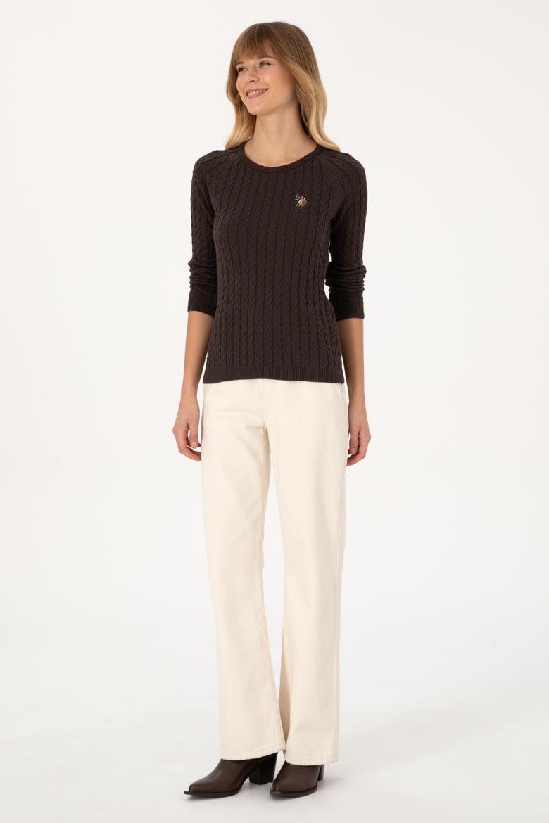 Kadın Koyu Kahverengi Bisiklet Yaka Basic Kazak - 50307728083