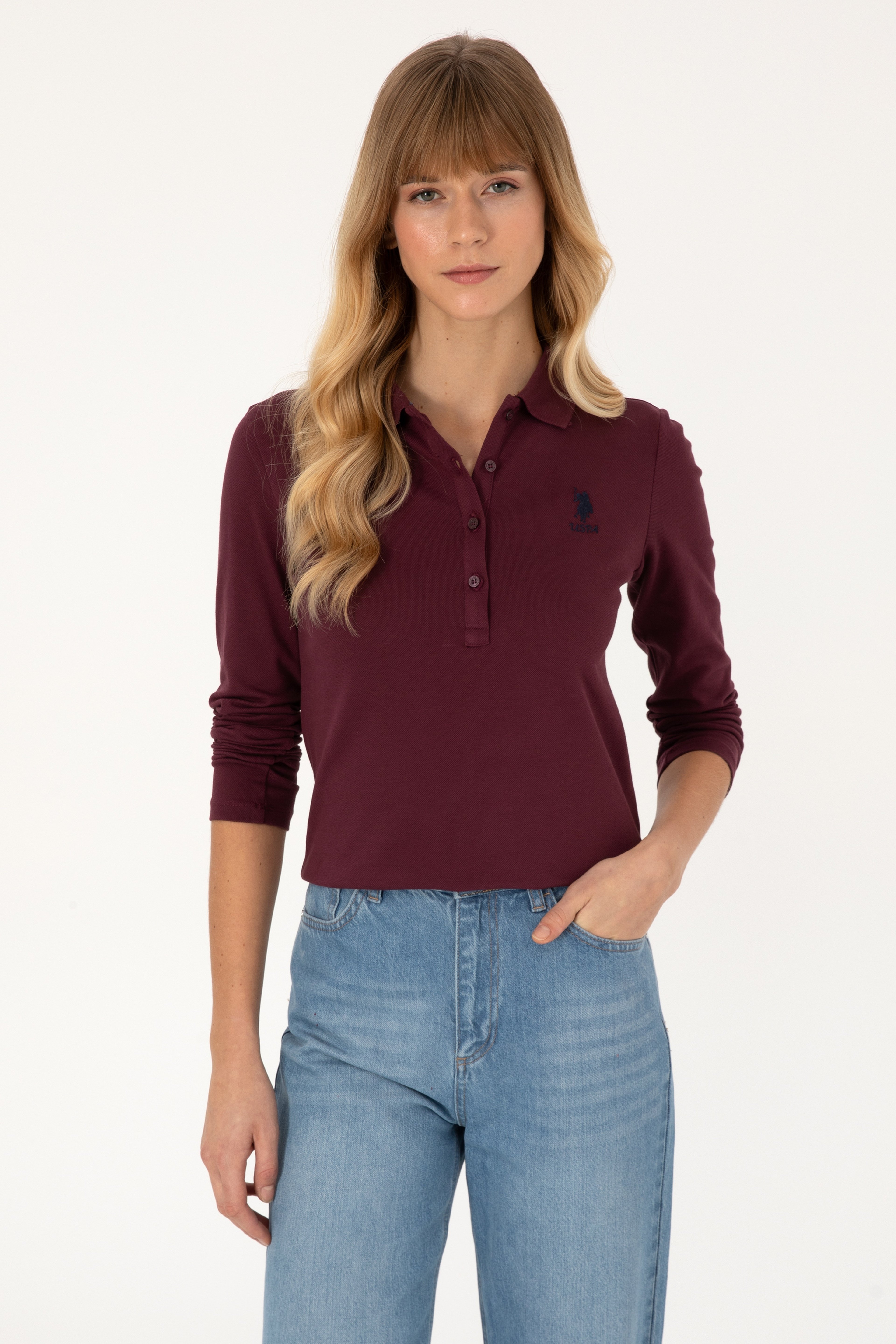 Kadın Bordo Basic Polo Yaka Sweatshirt - Image 1