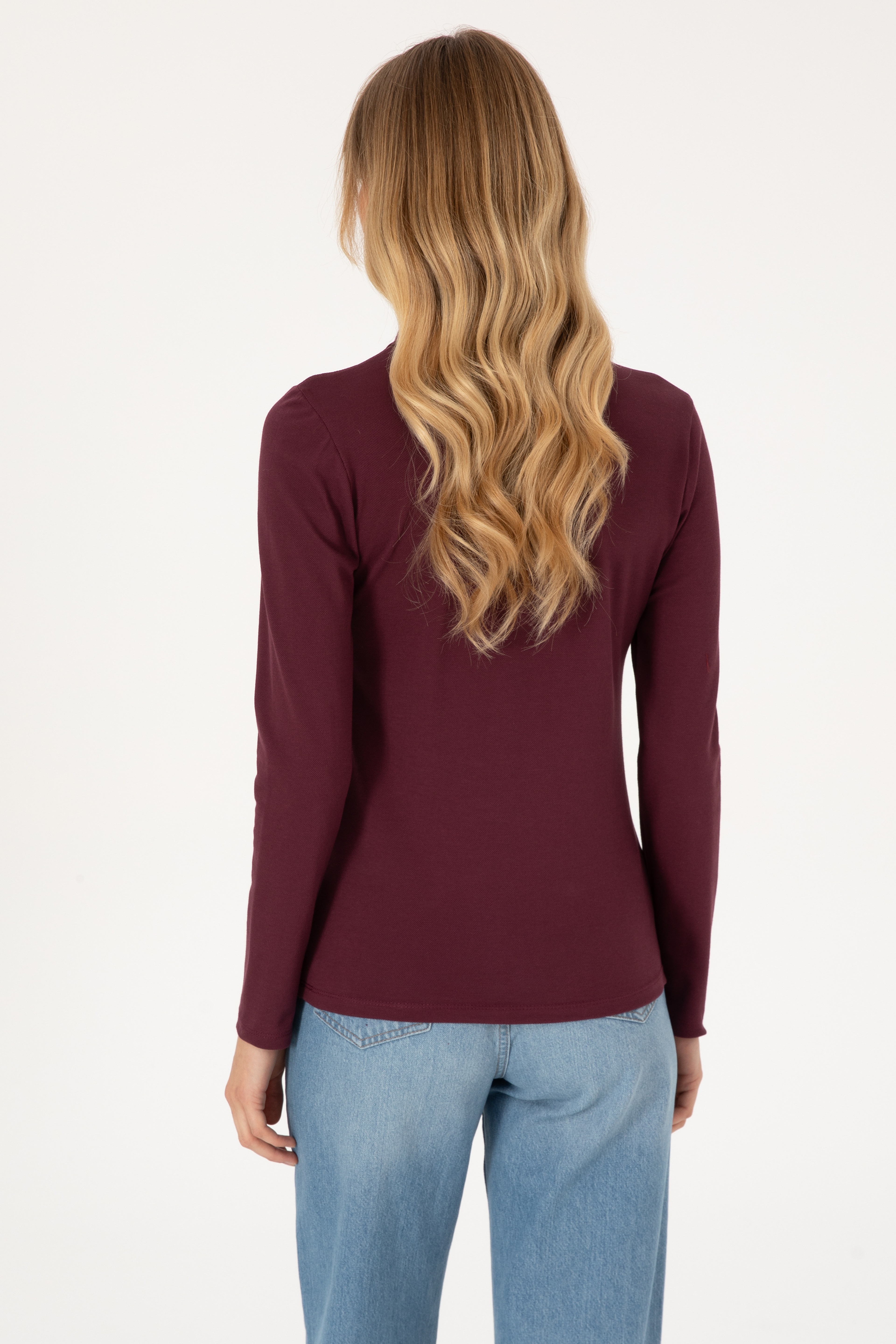 Kadın Bordo Basic Polo Yaka Sweatshirt - Image 5