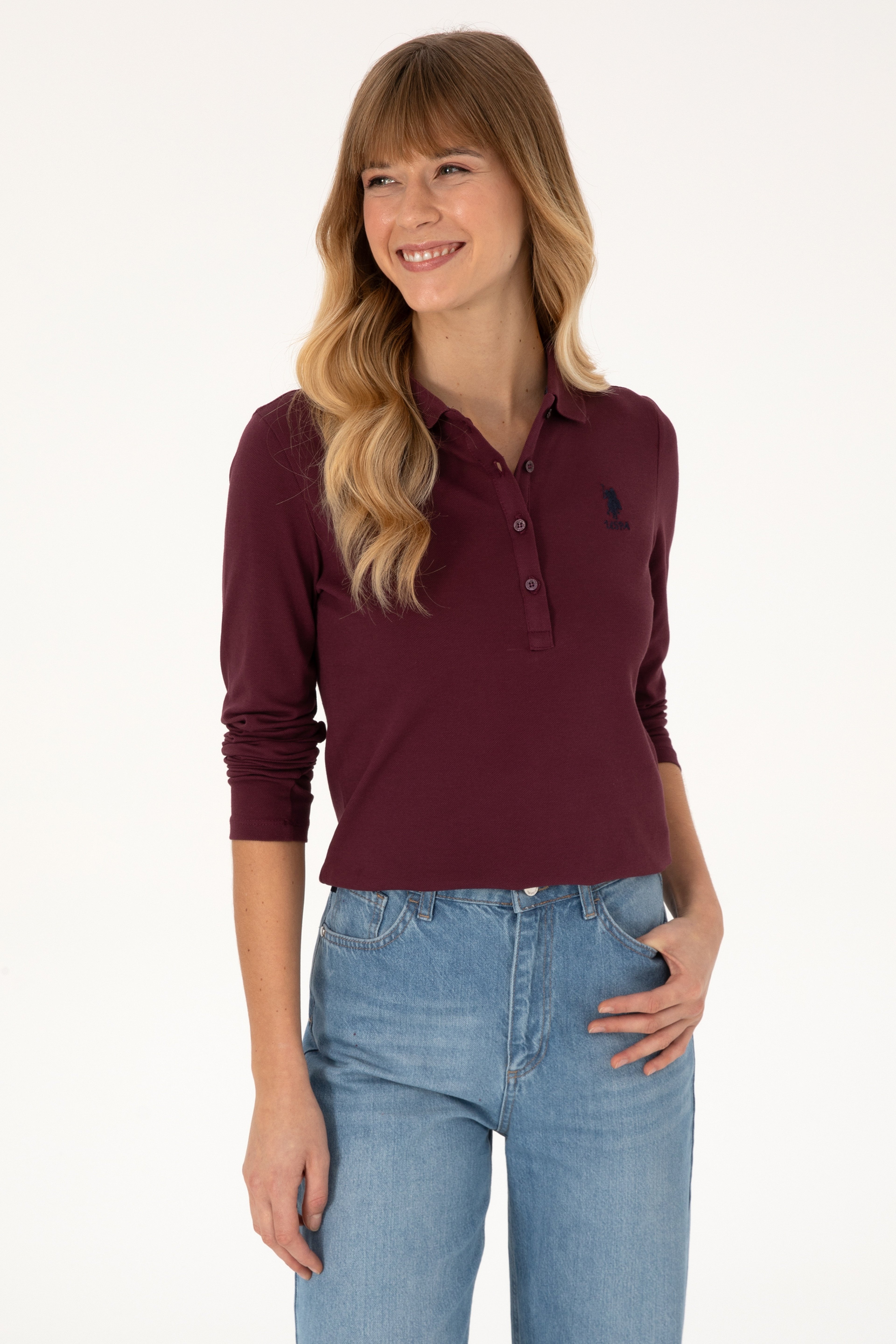 Kadın Bordo Basic Polo Yaka Sweatshirt