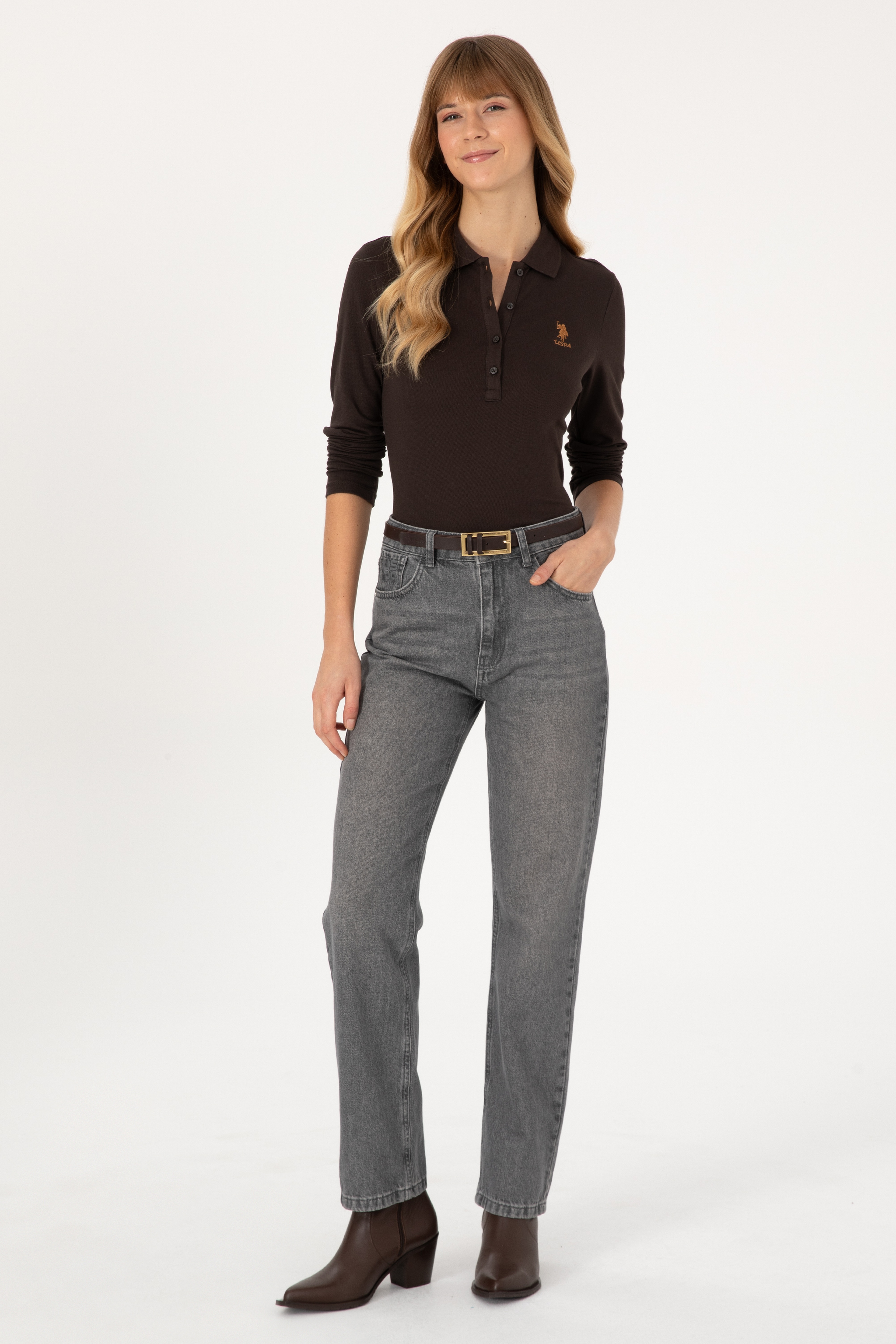 Kadın Kahverengi Basic Polo Yaka Sweatshirt - Image 4