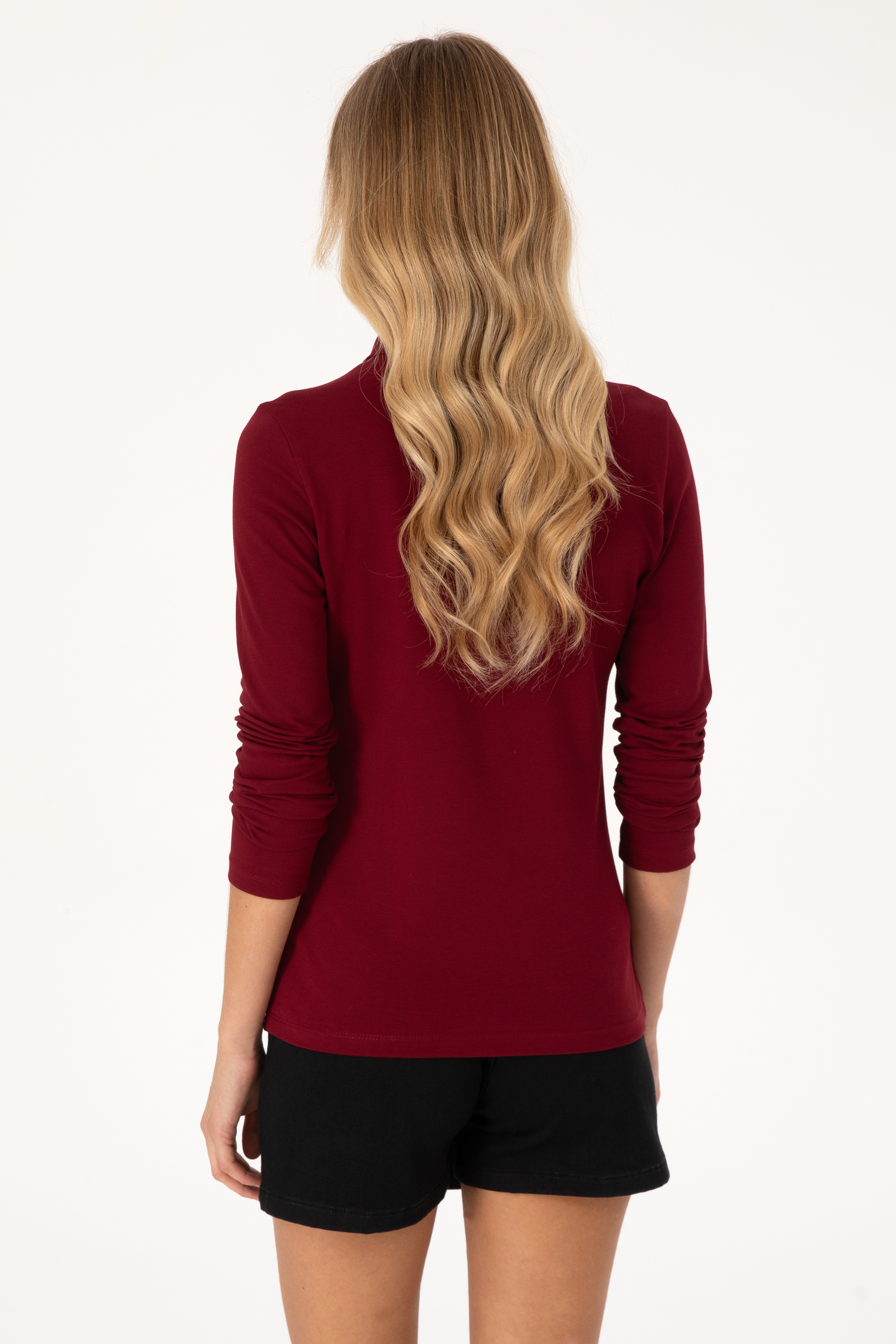 Kadın Bordo Basic Polo Yaka Sweatshirt - Image 5