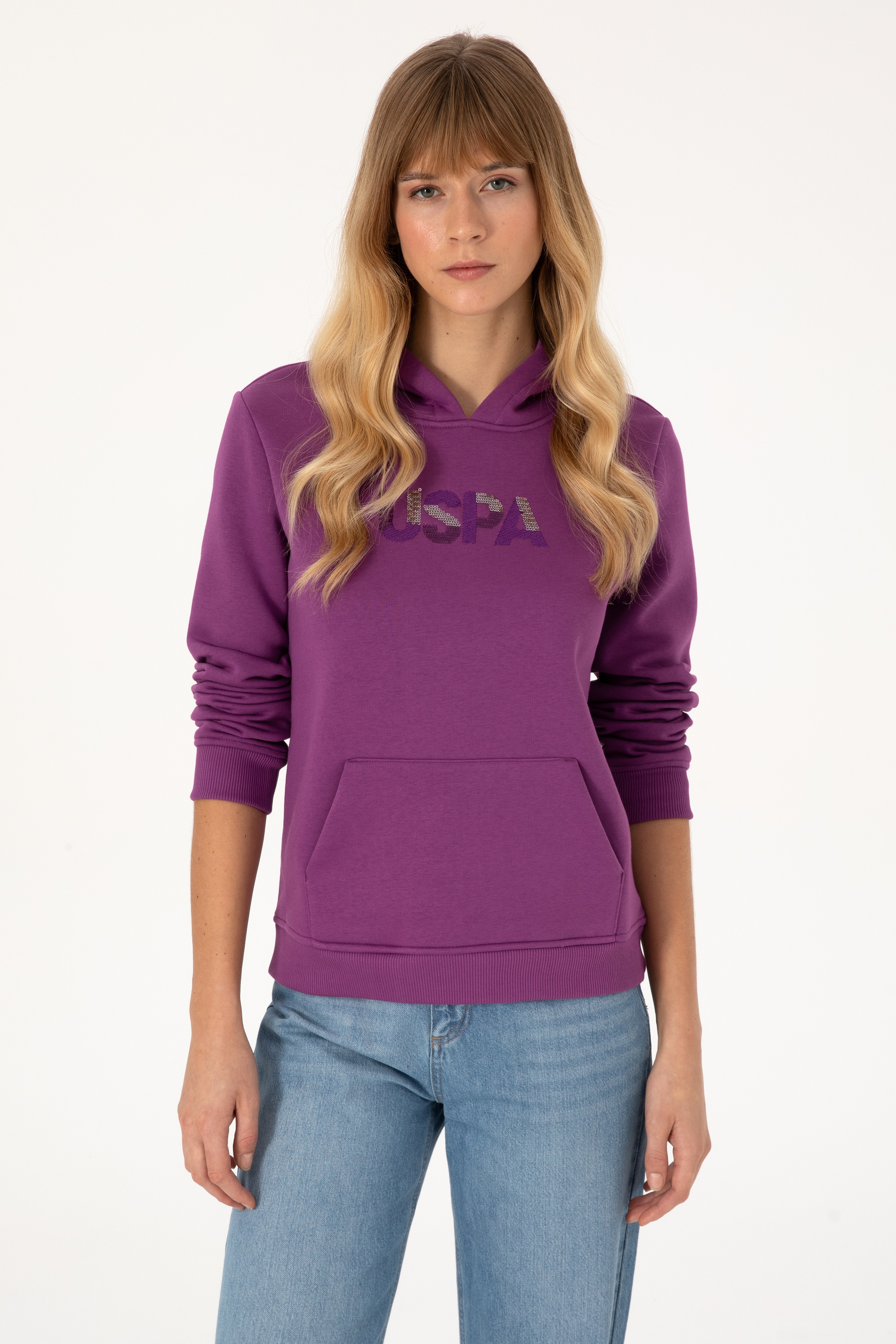 Kadın Menekşe Kapüşonlu Basic Sweatshirt - Image 1