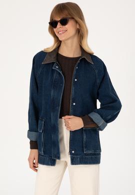 Kadın Koyu Mavi Jean Gömlek Ceket - 50309434020