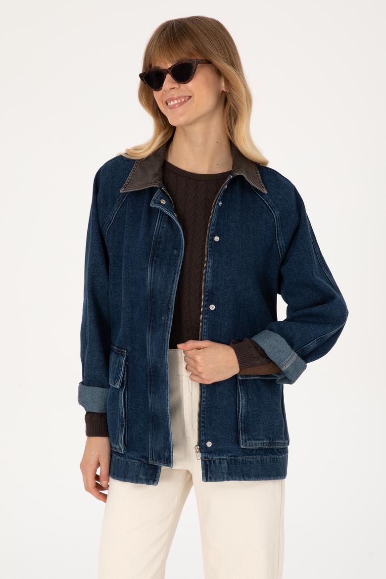 Kadın Koyu Mavi Jean Gömlek Ceket - 50309434020