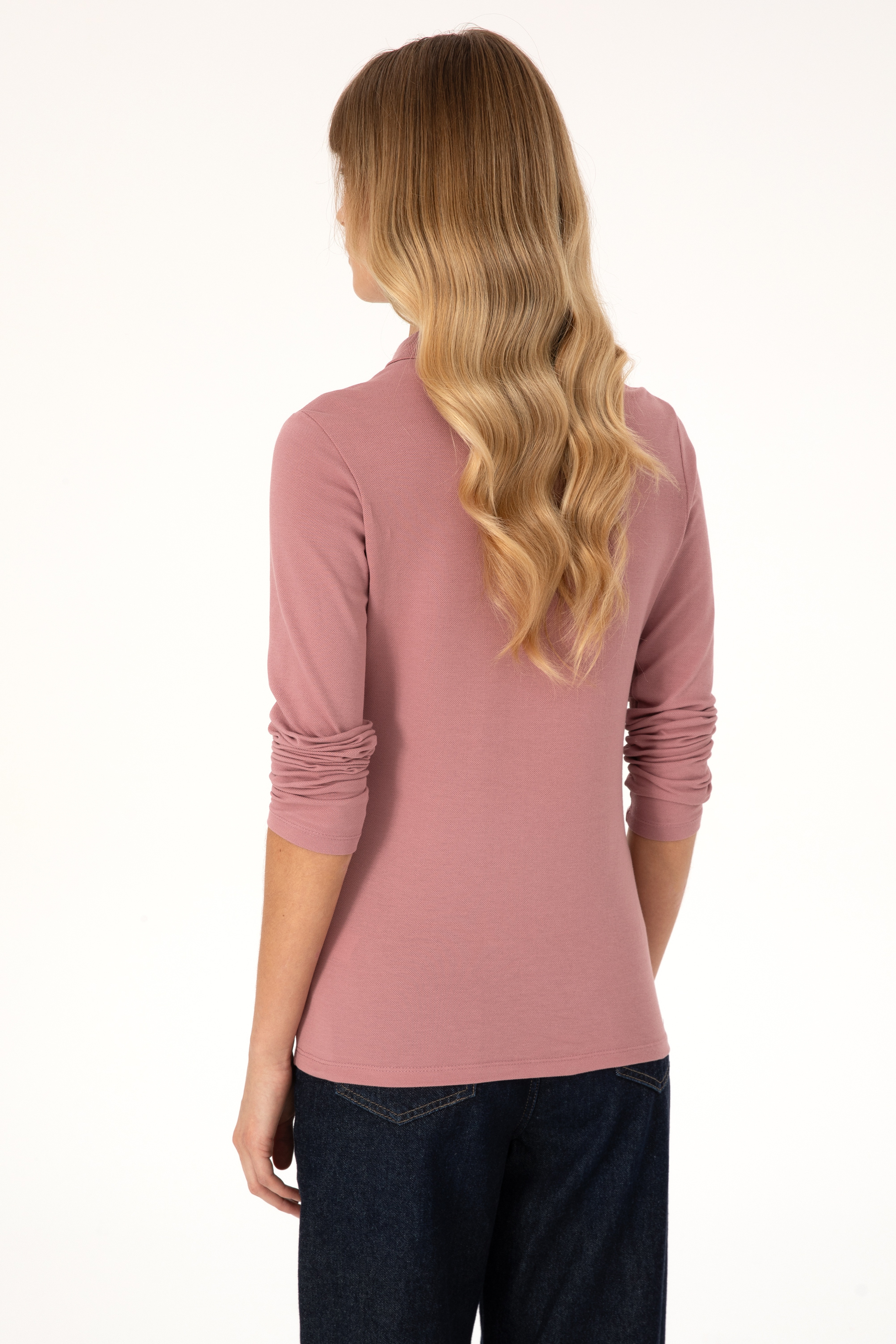 Kadın Gül Kurusu Basic Polo Yaka Sweatshirt - Image 5