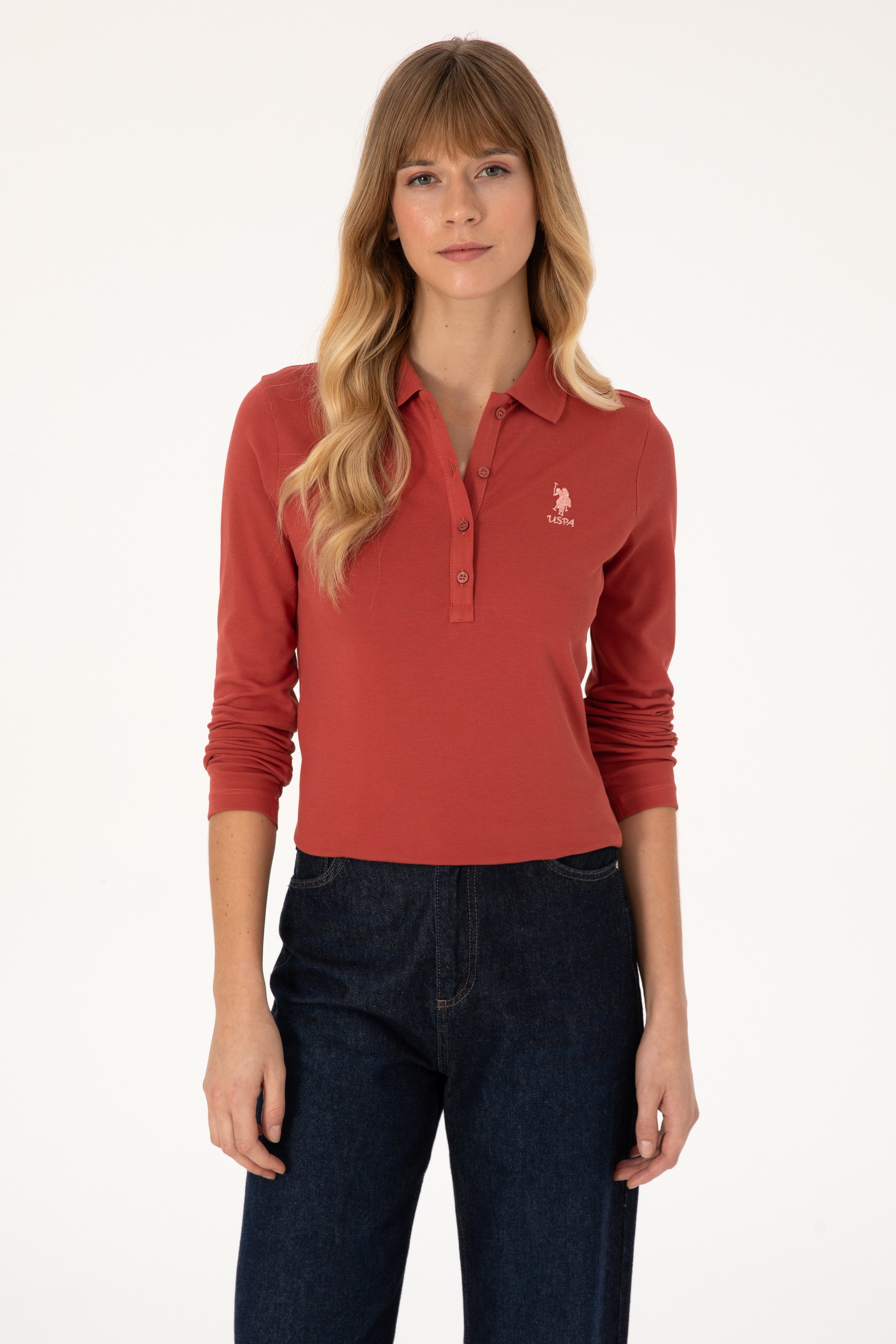 Kadın Kiremit Basic Polo Yaka Sweatshirt - Image 1