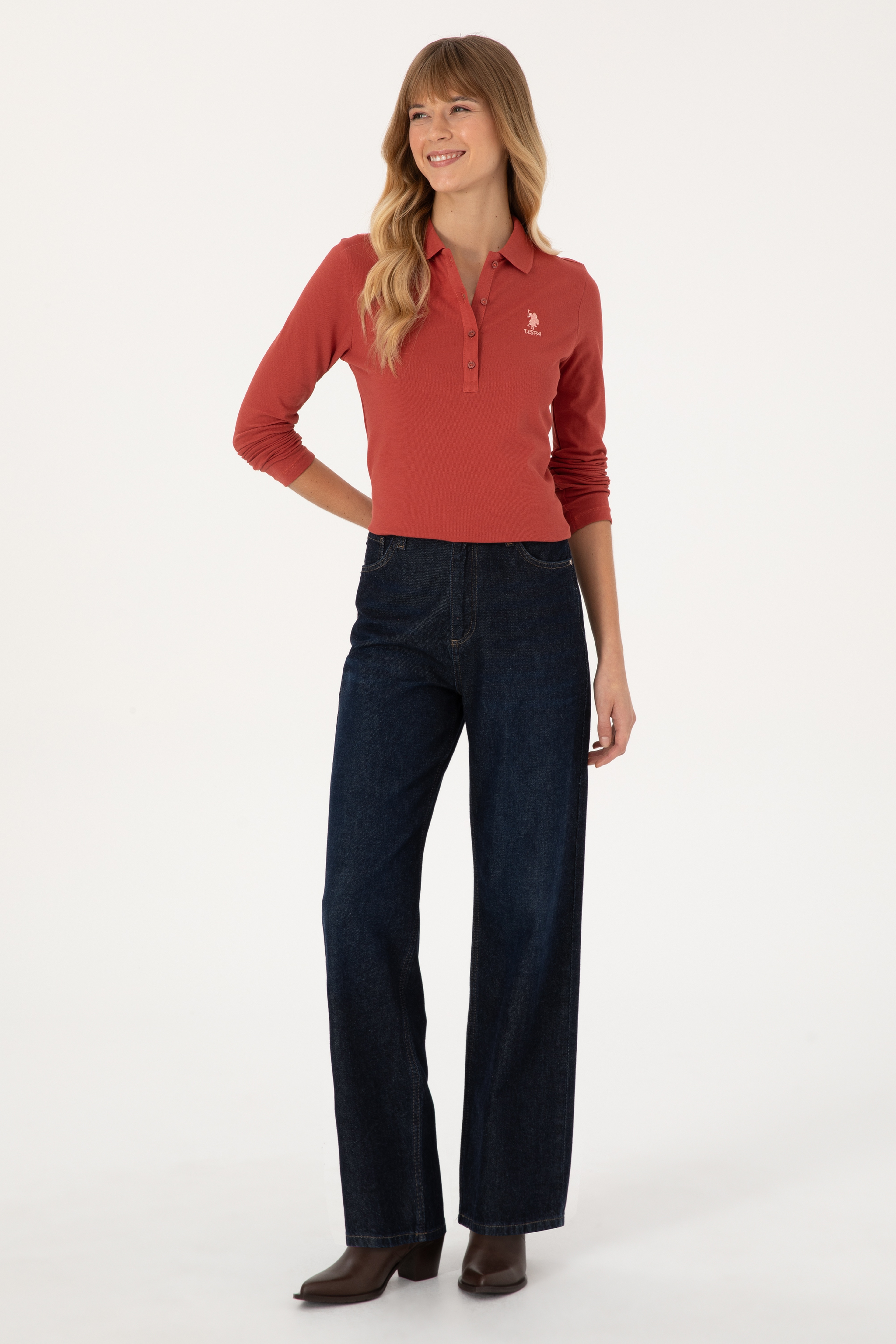 Kadın Kiremit Basic Polo Yaka Sweatshirt