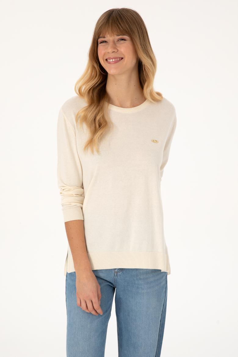 Kadın Ekru Bisiklet Yaka Basic Kazak