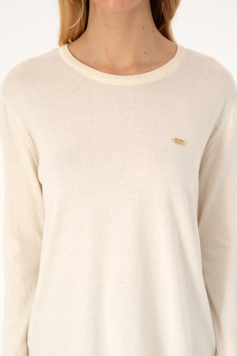 Kadın Ekru Bisiklet Yaka Basic Kazak - 50313579048