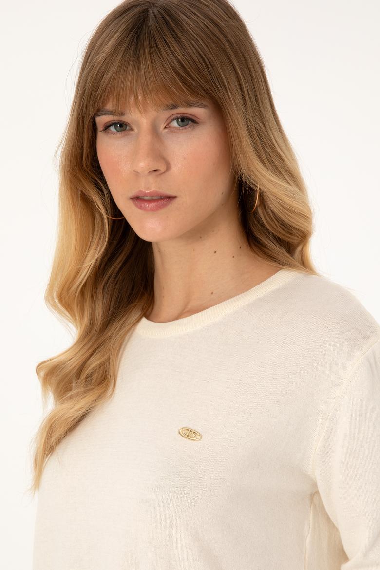 Kadın Ekru Bisiklet Yaka Basic Kazak - 50313579048