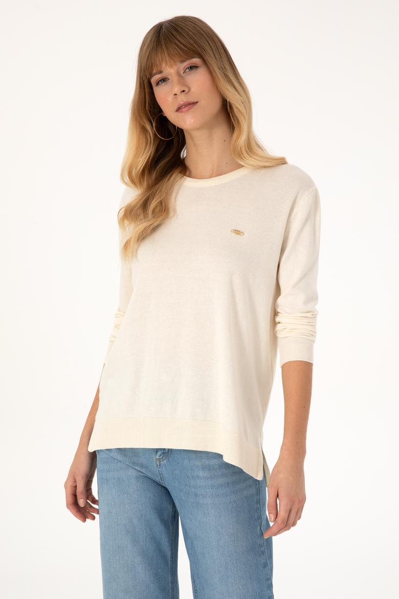 Kadın Ekru Bisiklet Yaka Basic Kazak - 50313579048