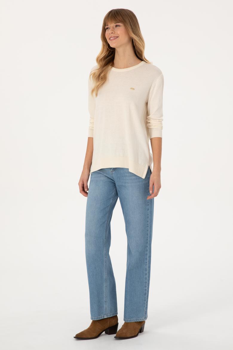 Kadın Ekru Bisiklet Yaka Basic Kazak - 50313579048