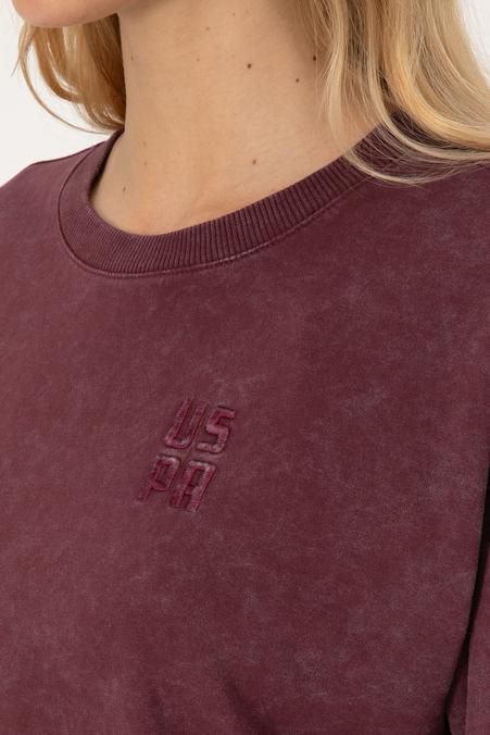 Kadın Bordo Yıkamalı Bisiket Yaka Sweatshirt