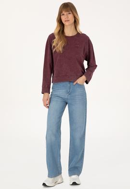 Kadın Bordo Yıkamalı Bisiket Yaka Sweatshirt - 50314186015