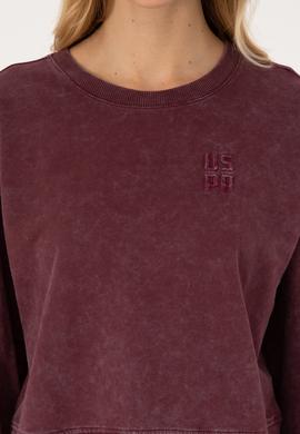 Kadın Bordo Yıkamalı Bisiket Yaka Sweatshirt - 50314186015