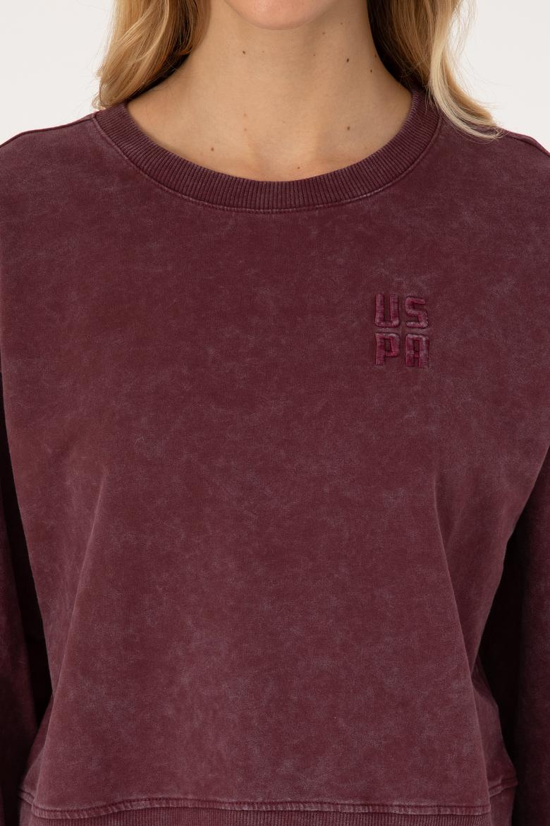 Kadın Bordo Yıkamalı Bisiket Yaka Sweatshirt - 50314186015