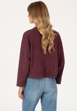 Kadın Bordo Yıkamalı Bisiket Yaka Sweatshirt - 50314186015