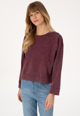 Kadın Bordo Yıkamalı Bisiket Yaka Sweatshirt - 50314186015
