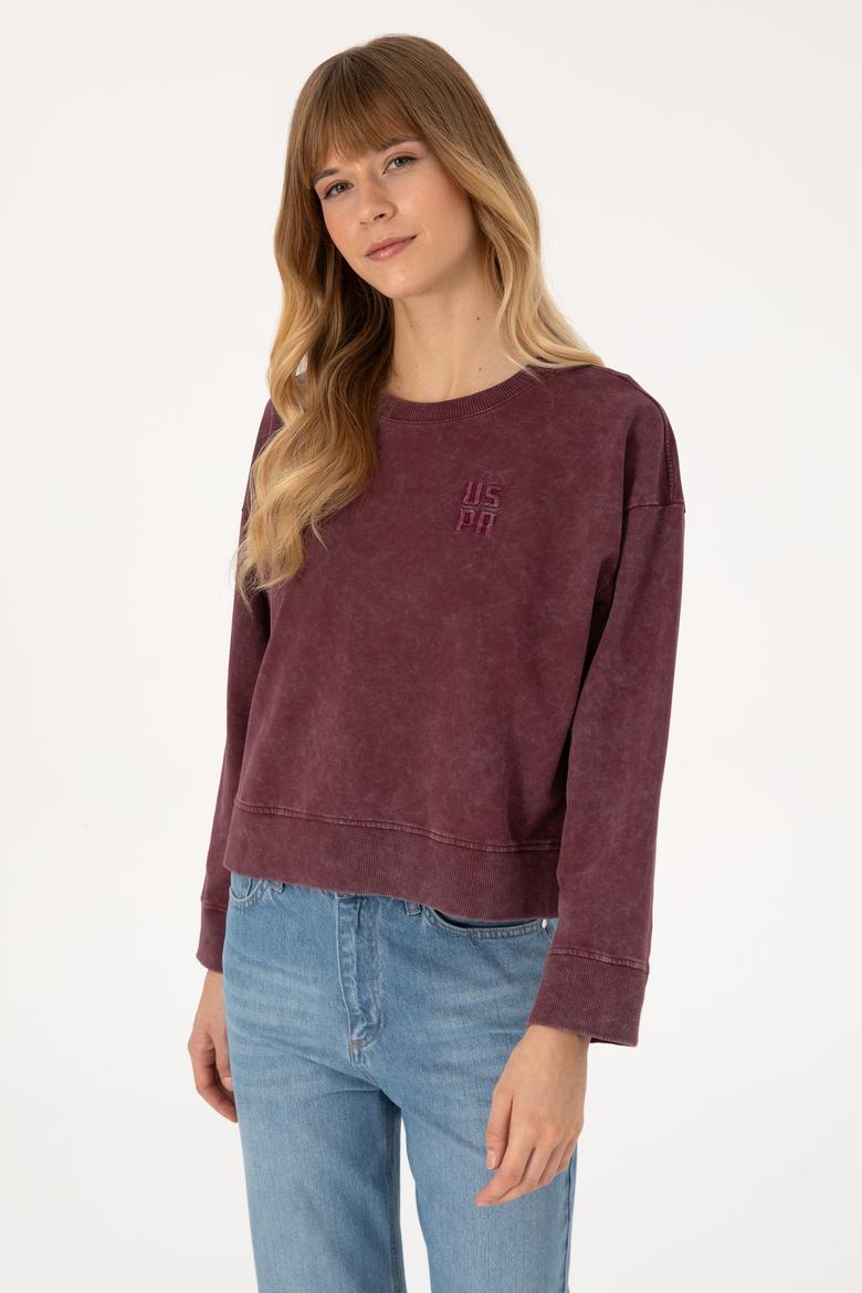 Kadın Bordo Yıkamalı Bisiket Yaka Sweatshirt - 50314186015