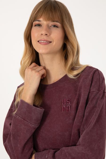 Kadın Bordo Yıkamalı Bisiket Yaka Sweatshirt