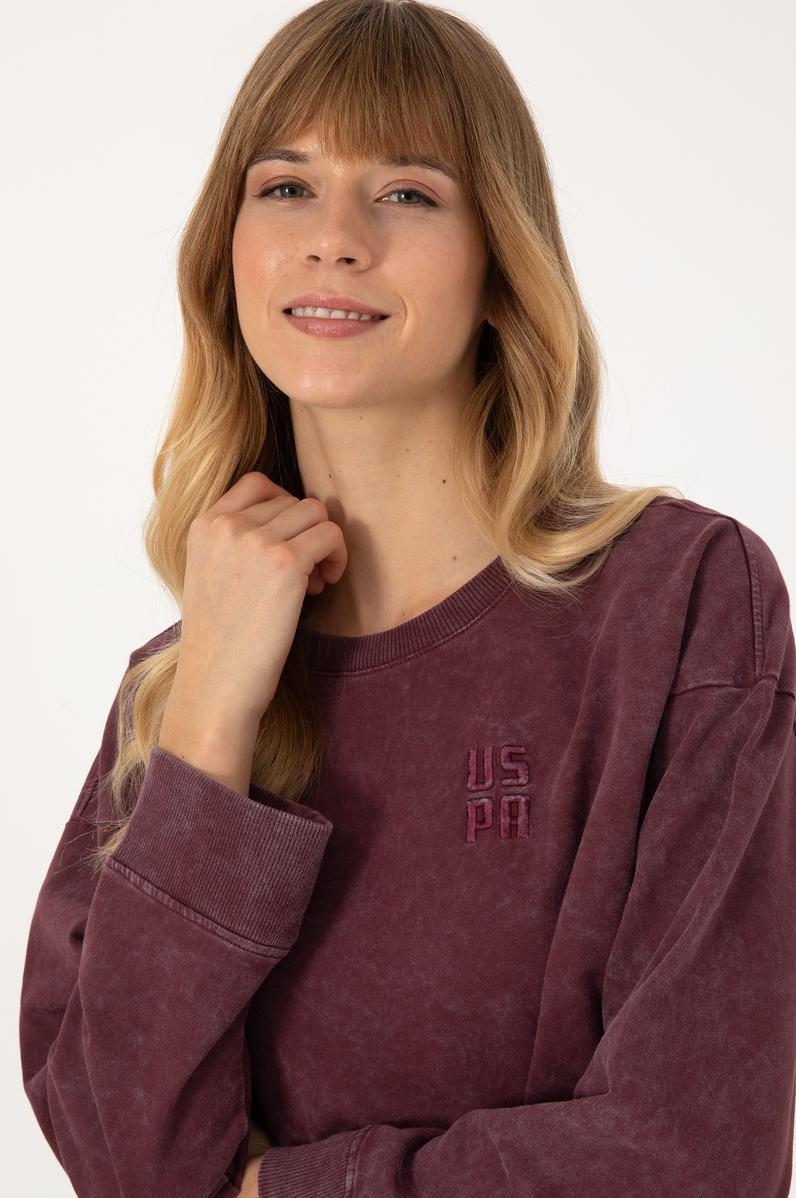 Kadın Bordo Yıkamalı Bisiket Yaka Sweatshirt
