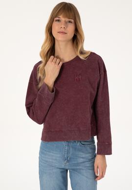 Kadın Bordo Yıkamalı Bisiket Yaka Sweatshirt - 50314186015