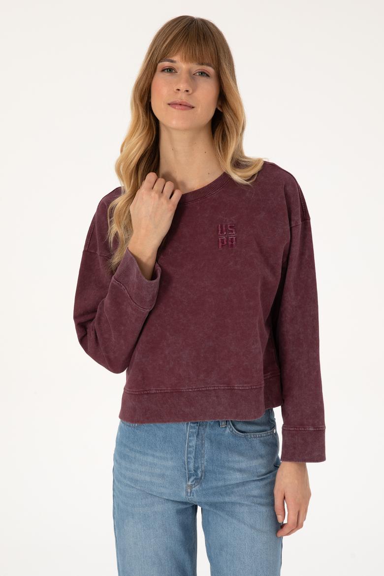 Kadın Bordo Yıkamalı Bisiket Yaka Sweatshirt