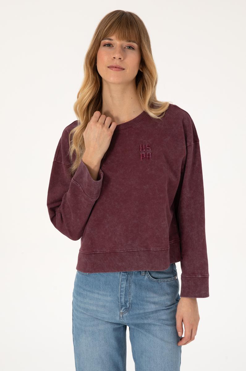 Kadın Bordo Yıkamalı Bisiket Yaka Sweatshirt