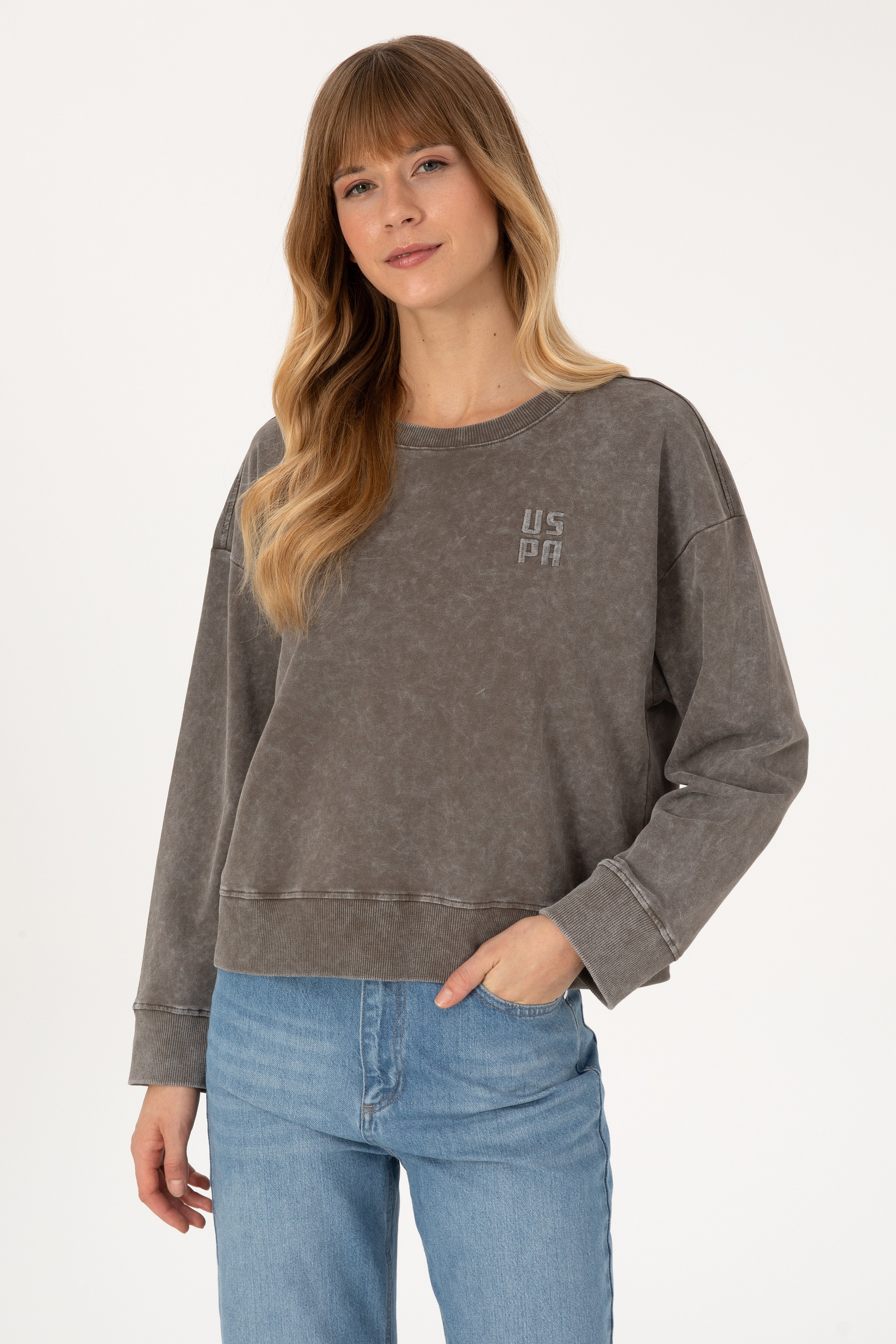 Kadın Vizon Yıkamalı Bisiklet Yaka Sweatshirt - Image 1