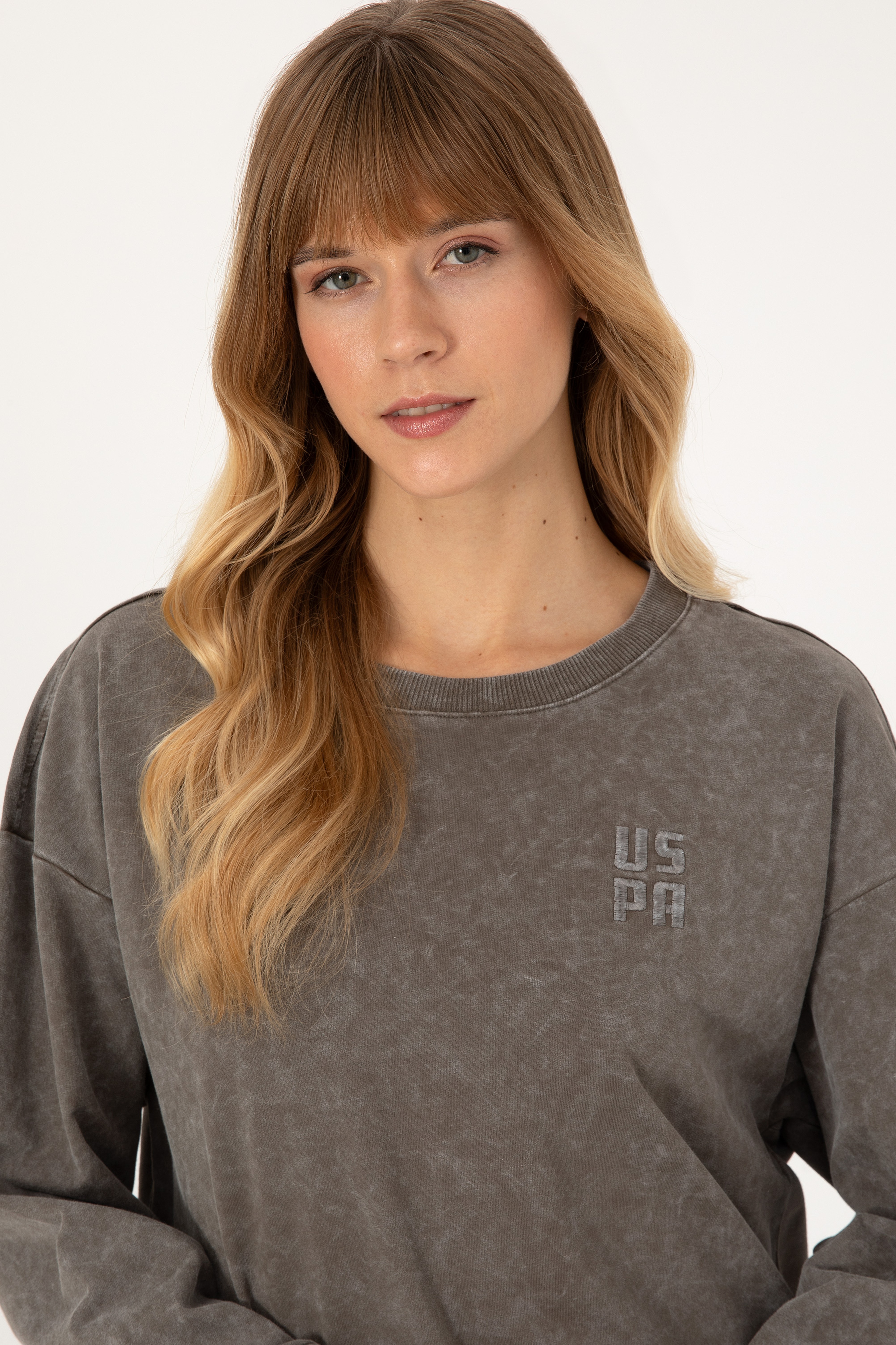 Kadın Vizon Yıkamalı Bisiklet Yaka Sweatshirt