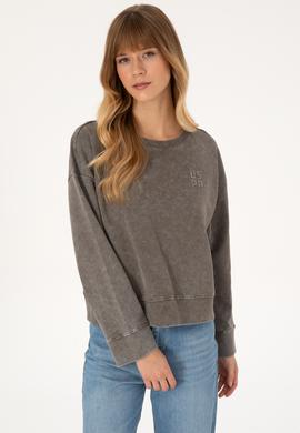 Kadın Vizon Yıkamalı Bisiket Yaka Sweatshirt - 50314186019