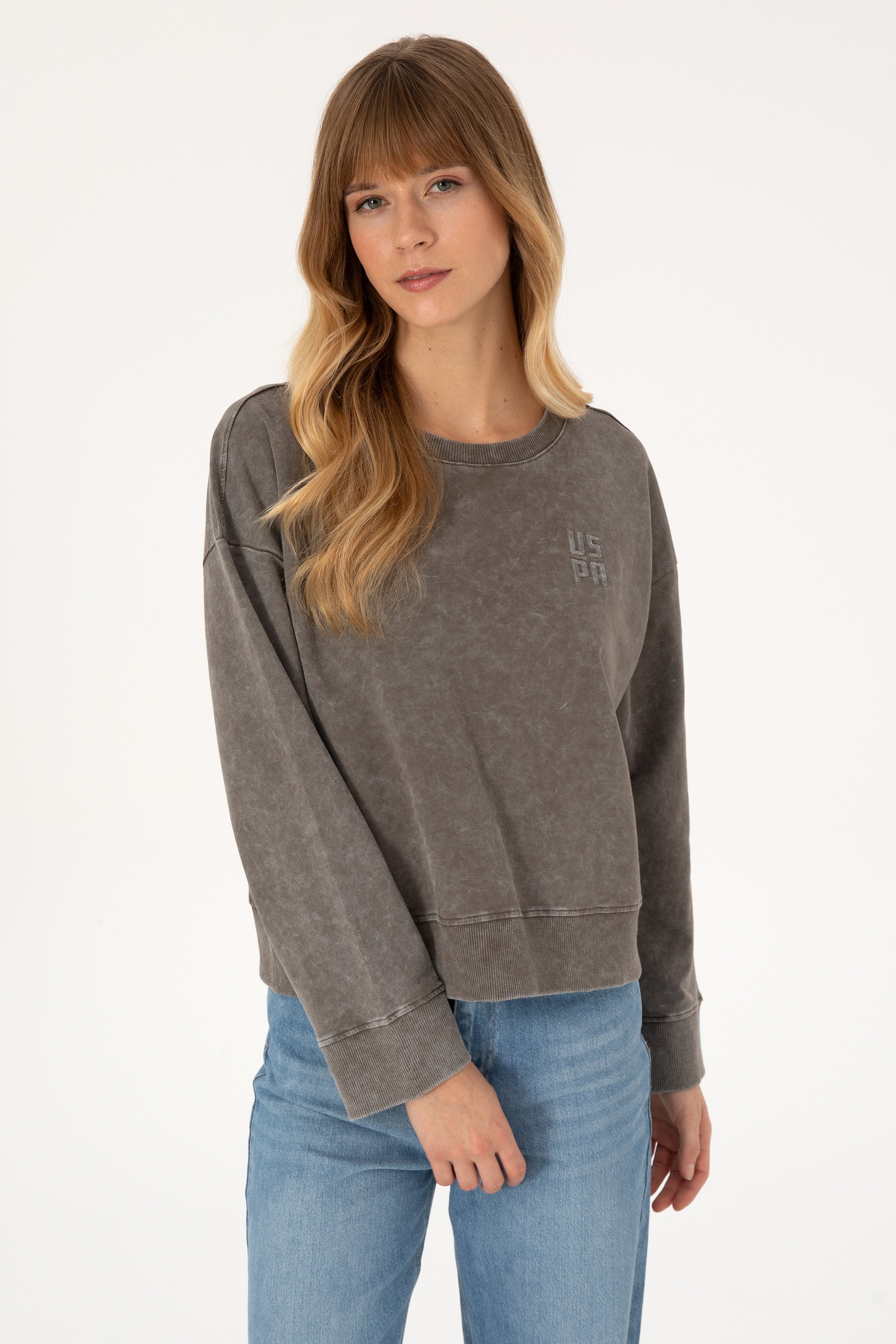 Kadın Vizon Yıkamalı Bisiklet Yaka Sweatshirt