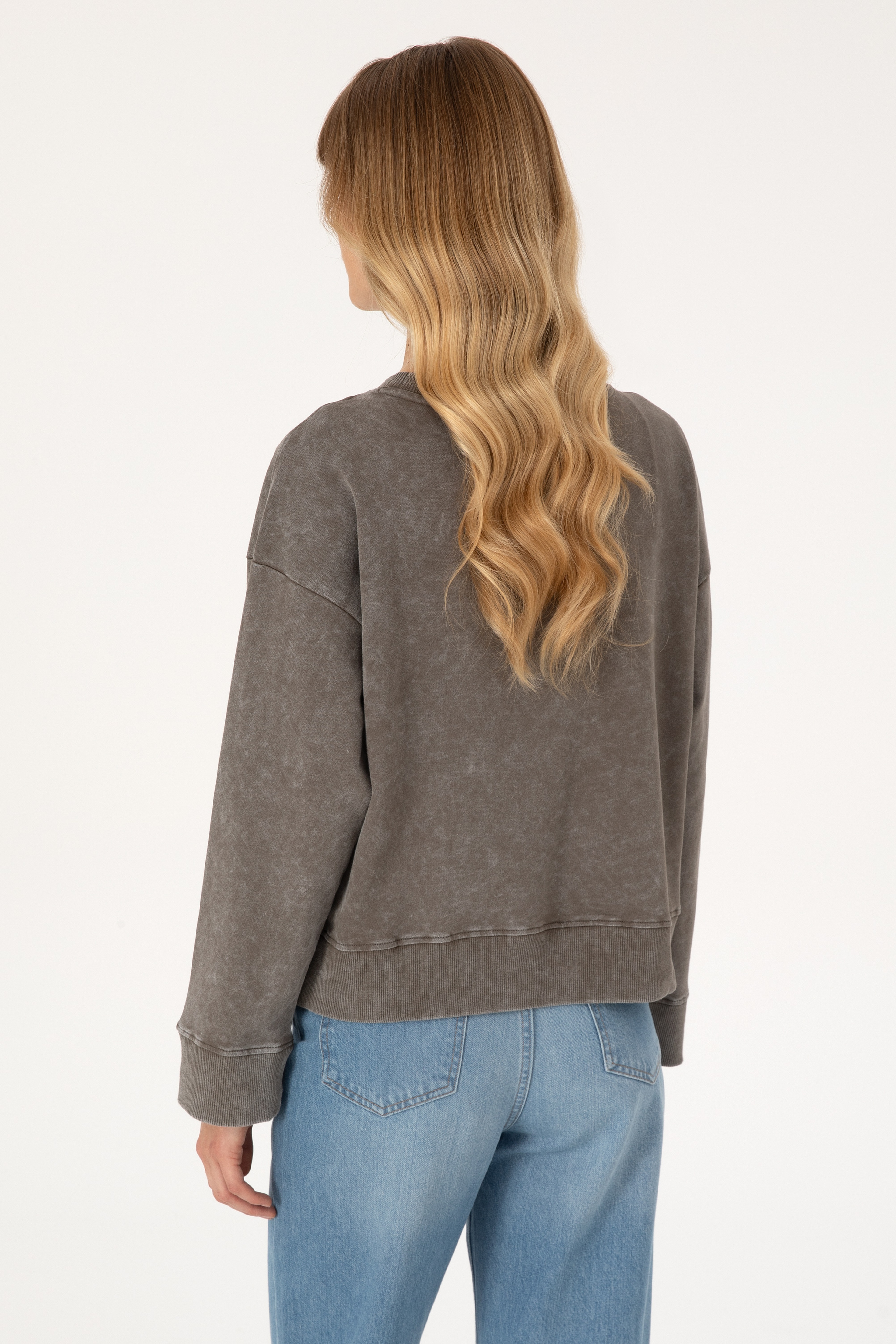 Kadın Vizon Yıkamalı Bisiklet Yaka Sweatshirt