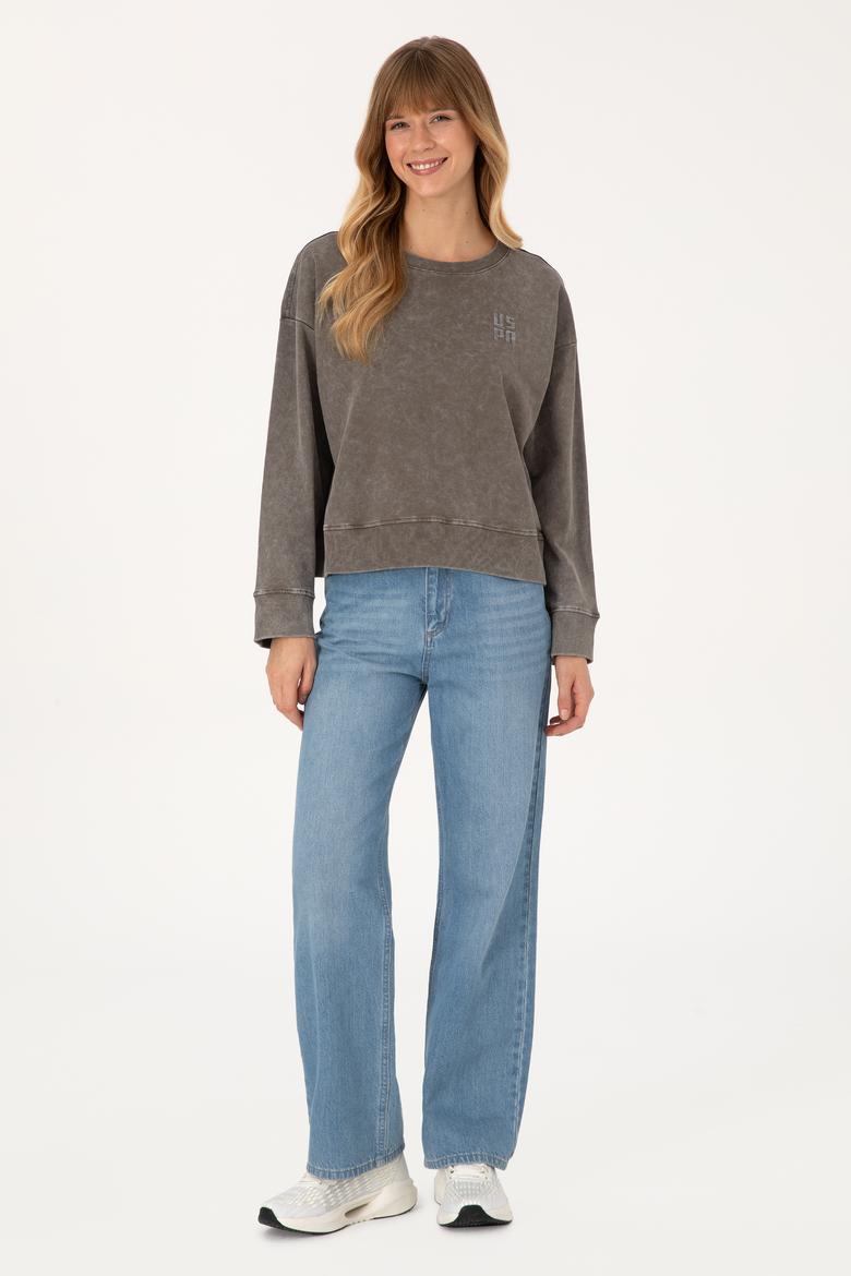 Kadın Vizon Yıkamalı Bisiket Yaka Sweatshirt - 50314186019