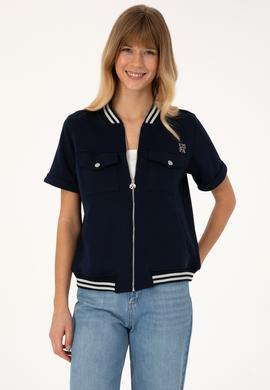 Kadın Lacivert Kısa Kollu Fermuarlı Bisiklet Yaka Sweatshirt - 50309093006
