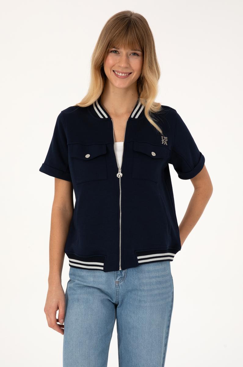 Kadın Lacivert Kısa Kollu Fermuarlı Bisiklet Yaka Sweatshirt