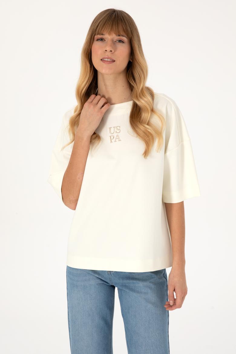 Kadın Krem Kısa Kollu Bisiklet Yaka Sweatshirt