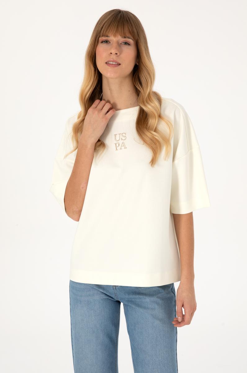 Kadın Krem Kısa Kollu Bisiklet Yaka Sweatshirt