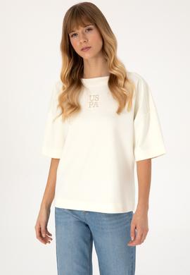 Kadın Krem Kısa Kollu Bisiklet Yaka Sweatshirt - 50309473004