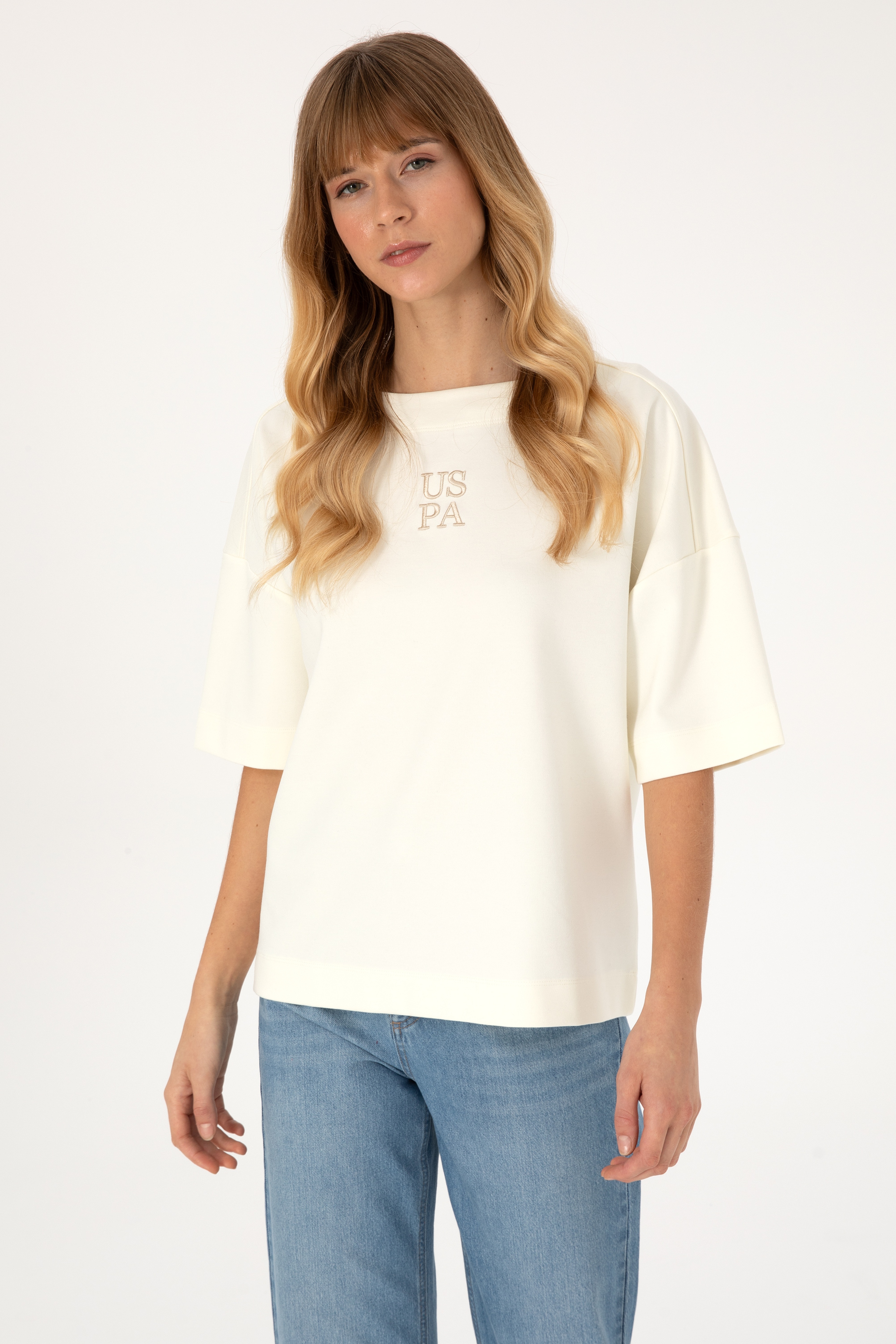 Kadın Krem Kısa Kollu Bisiklet Yaka Sweatshirt - Image 3