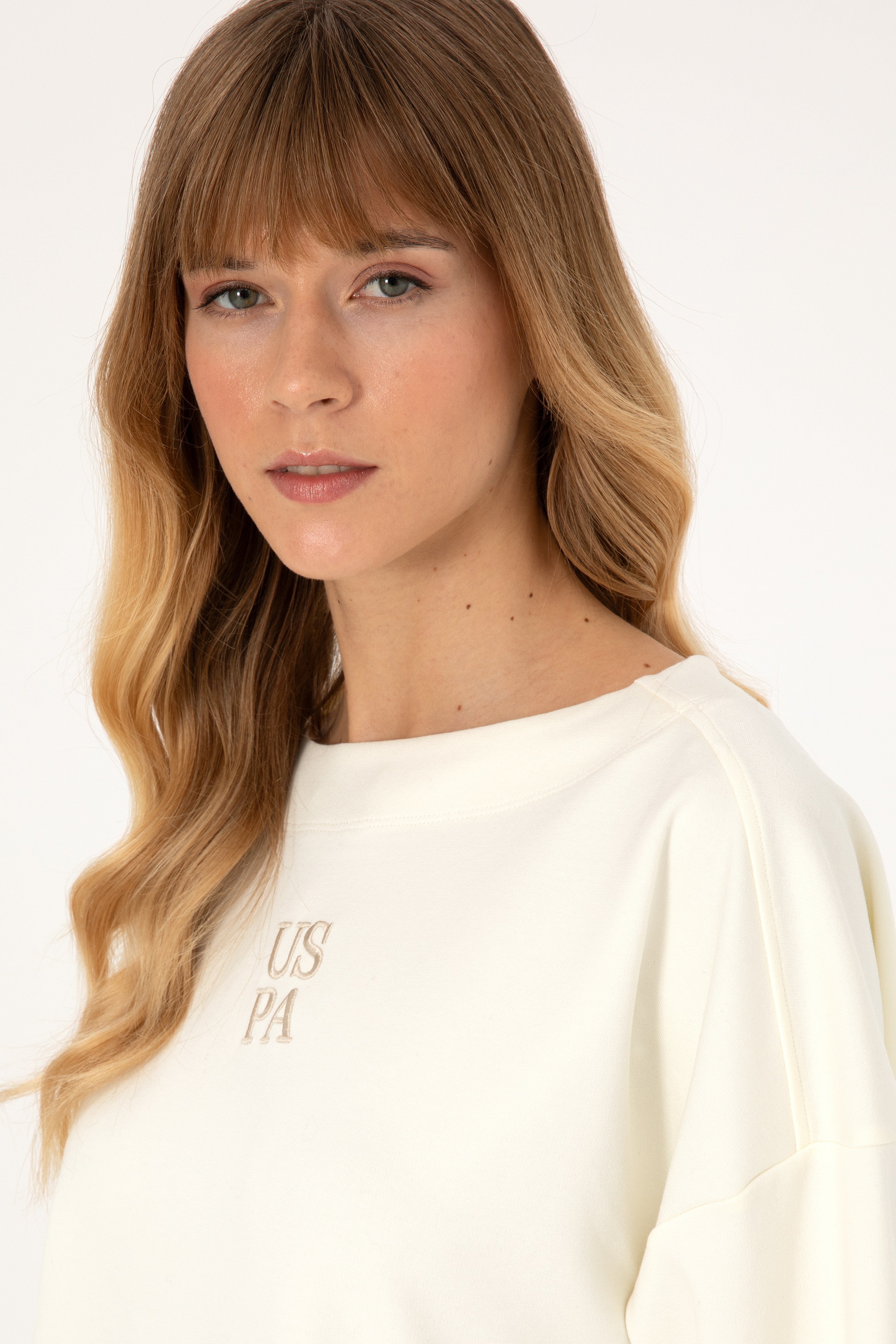 Kadın Krem Kısa Kollu Bisiklet Yaka Sweatshirt - Image 2